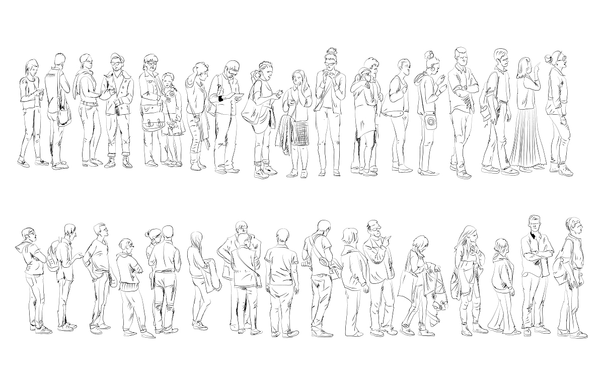people staying in queue. silhouettes of people, sketch