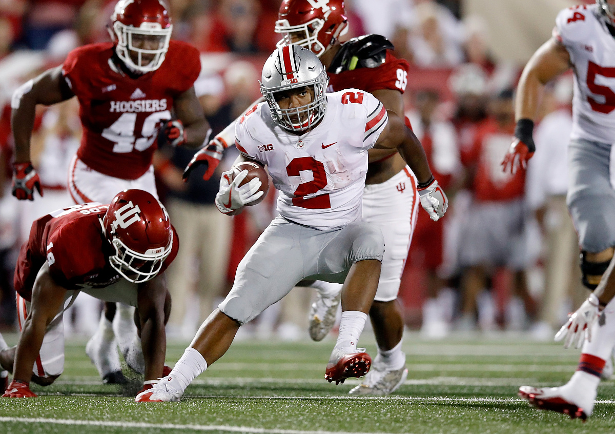 bloomington, in - august 31:  j.k. dobbins #2 of the ohio state 