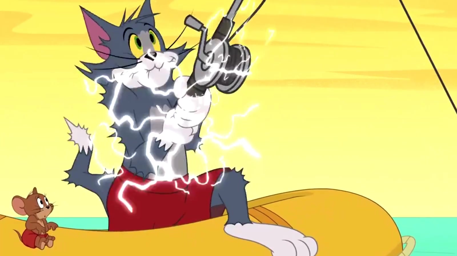 新猫和老鼠:汤姆拿鱼竿被电鳐鱼电了,小海豹跳着吞了他的鱼