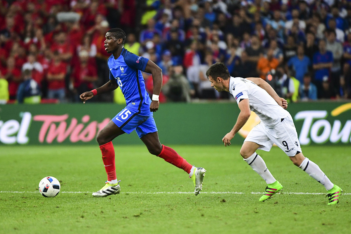 (l-r) paul pogba of france  and ledian memushaj of albania durin