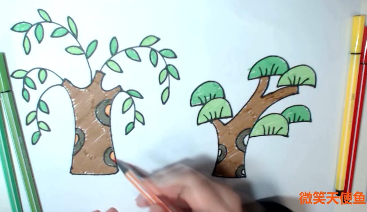 鱼儿简笔画:卡通松树和柳树