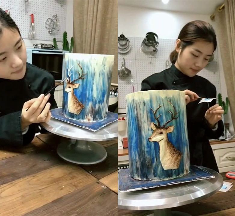 蛋糕上制作美丽的梅花鹿,看着都舍不得吃了