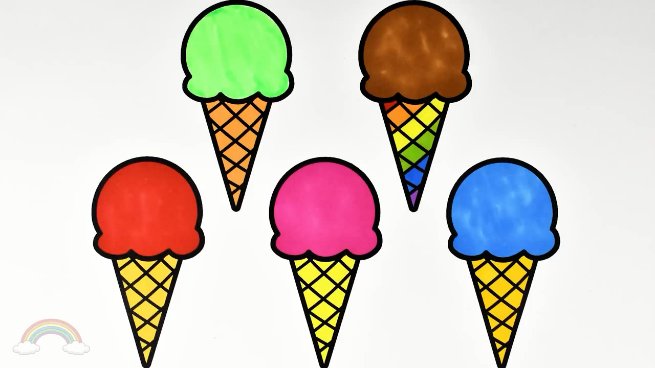育儿早教学画画,简笔画抹茶,巧克力等味道的缤纷冰淇淋甜筒
