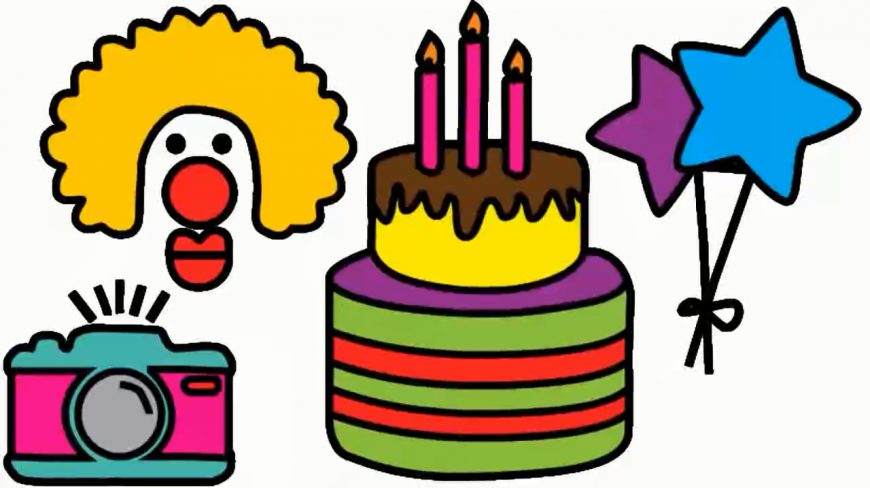 早教学画画,教孩子简笔画生日舞会常见的小丑,大蛋糕和星星气球