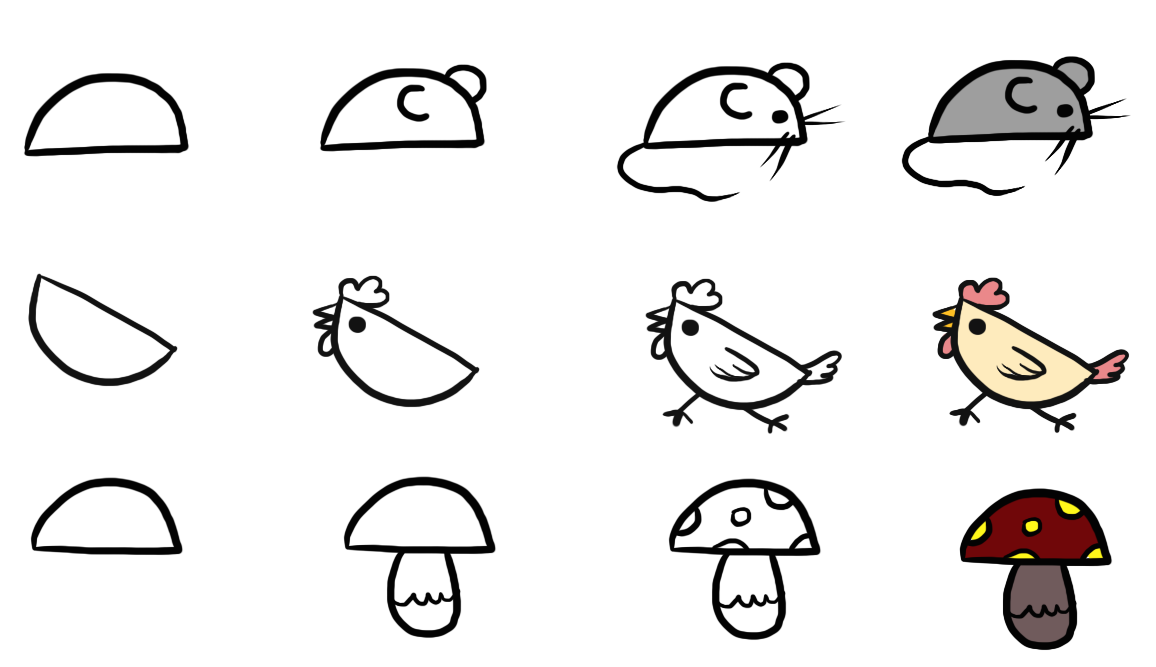 用半圆画蘑菇、鸡、老鼠、超简单的绘画教程,孩子一学就会