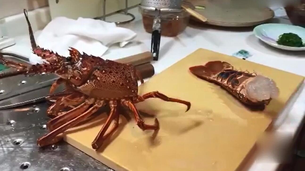 日本大厨这样处理鲜活的伊势龙虾,快刀分割烹饪刺身虾头还会动!