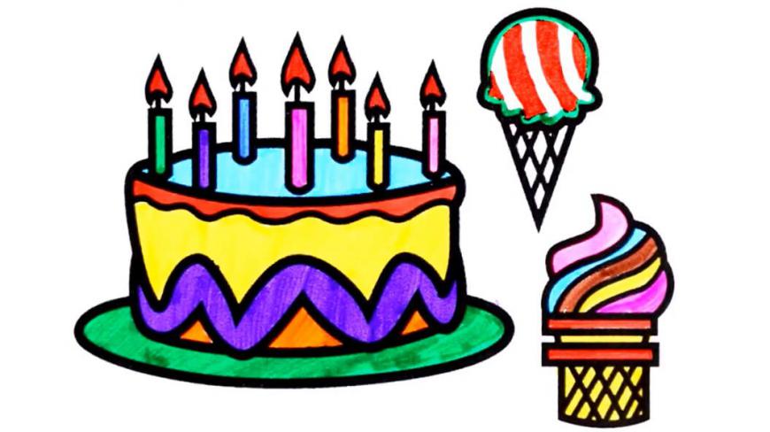 简笔绘画着色视频教程,教孩子们绘制生日蛋糕和冰淇淋