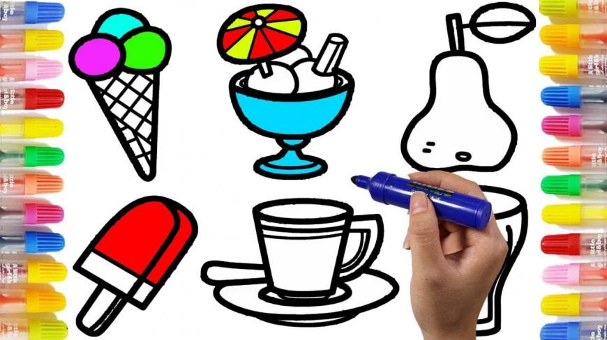 儿童早教绘画教程,教孩子们如何绘制咖啡杯、水果和蛋糕