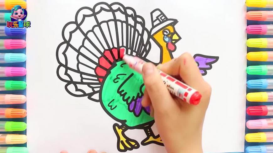 儿童绘画给大公鸡涂上颜色