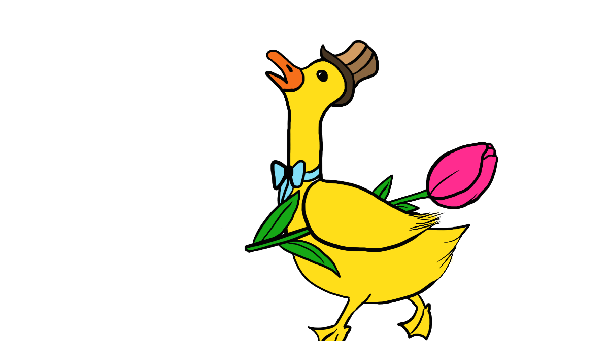画一只鸭子、它戴着帽子、打着领结、拿着郁金香花朵,早教简笔画