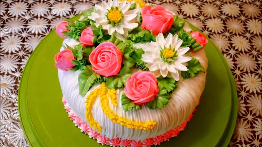 2018奶油生日蛋糕创作视频分享,白莲花和牡丹花蛋糕裱花步骤