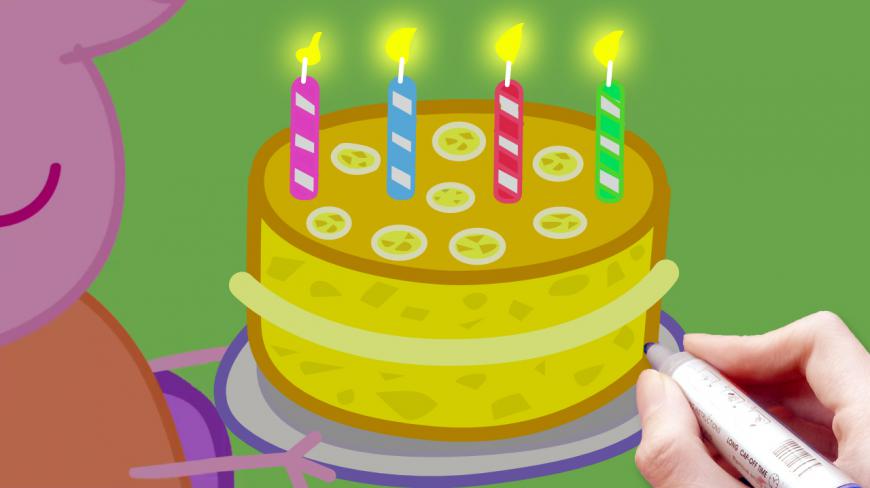 猪妈妈准备了柠檬生日蛋糕,点亮了4颗蜡烛,宝宝简笔画涂色书