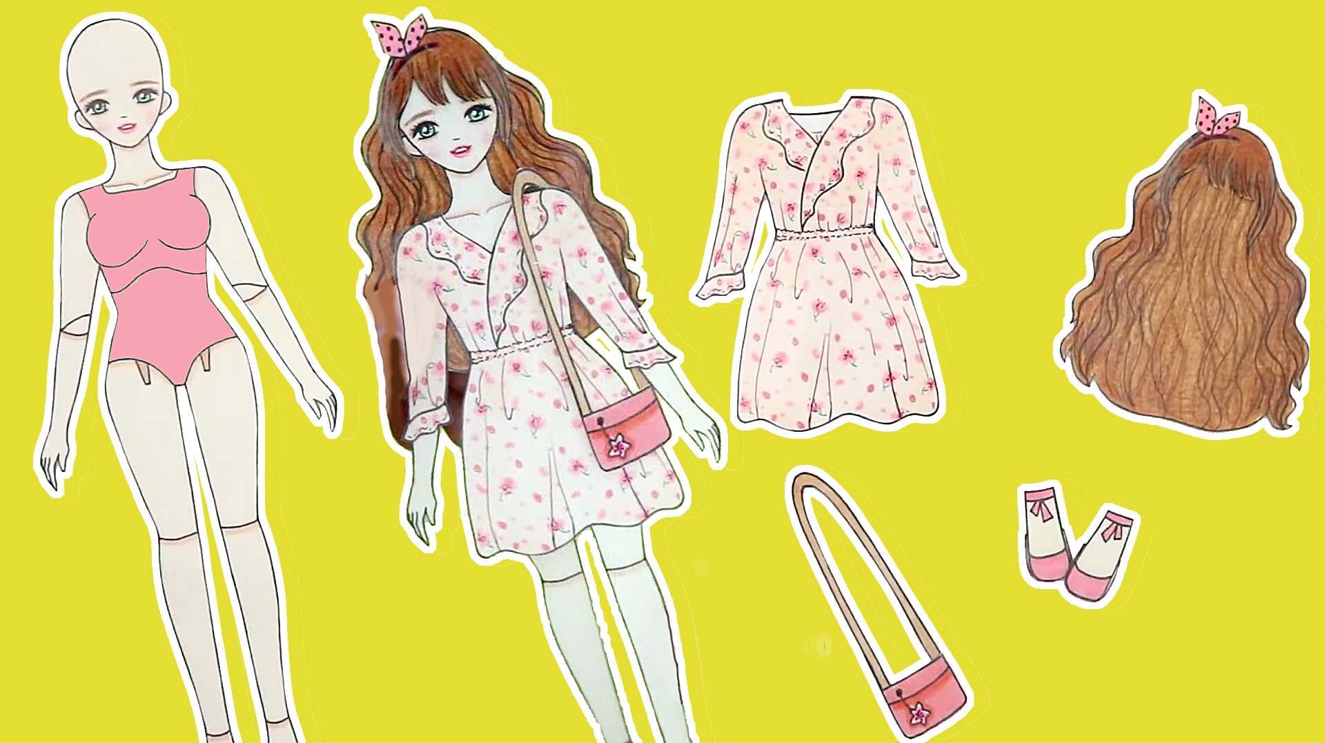 创意手工剪纸,DIY纸娃娃头发、手提包和碎花连衣裙