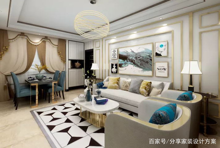 客厅整个空间采用了大面积的冷色调,故而在软装的选择上,穿插了一些暖色调做点缀,现代风格的抱枕、花瓶、还有时尚感十足的茶几、艺术品。简单的一些软配,确不失层次感。 客餐厅软装饰及家具从色彩上有着很强的色彩对比,简单硬装的结构下,充分利用风格软装和家具进行色彩搭配,营造出简单、稳重却也不失跳跃的气氛。