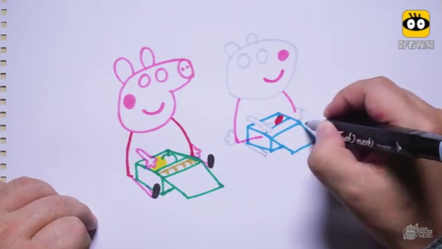 神笔简笔画 佩奇和朋友在公园长椅上吃午餐,儿童绘画马克笔教程