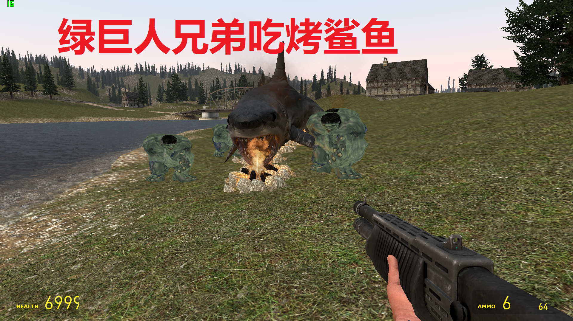 GMOD:四个绿巨人在河边一起烤鲨鱼吃,小夕路过遭群殴好可怕!