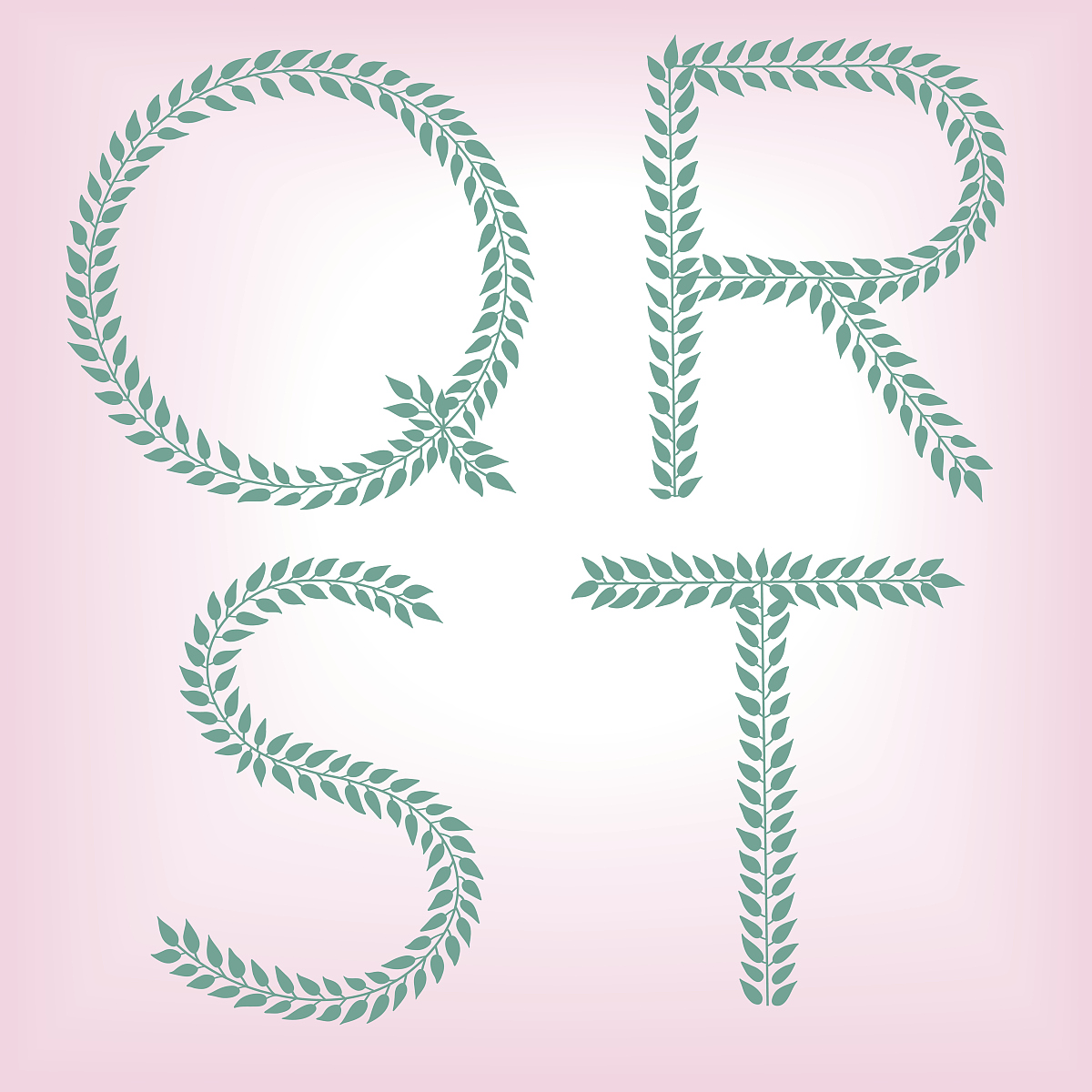 q, r, s,t. vector green alphabet set of eco letters with leaves