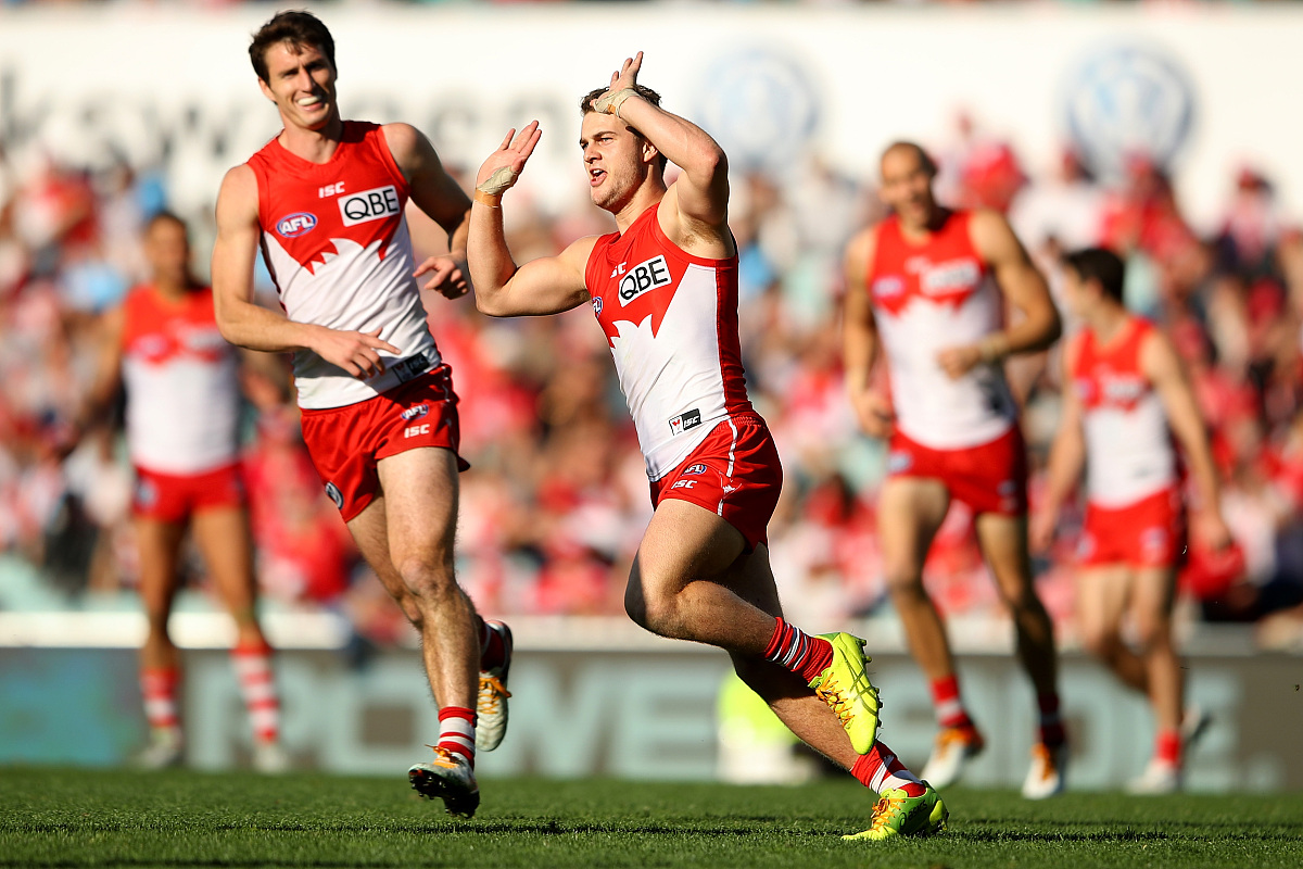 sydney, australia - august 12:  tom papley of the swans celebrat