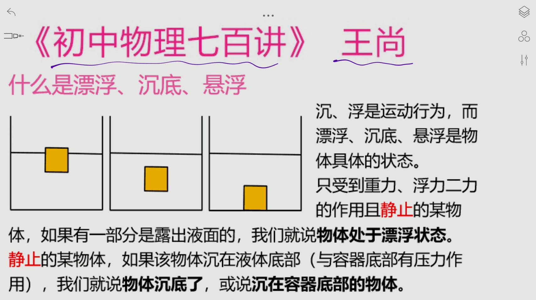 [图]漂浮、悬浮、沉底的理解-物体的沉浮条件-王尚老师初中物理七百讲