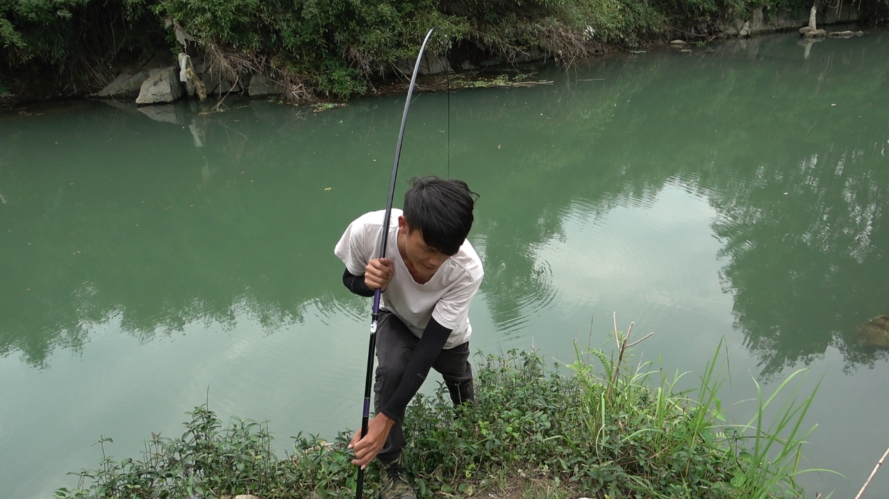 小伙河边野钓,两支竿分别用不同诱饵,其中一支不停上鱼,真过瘾