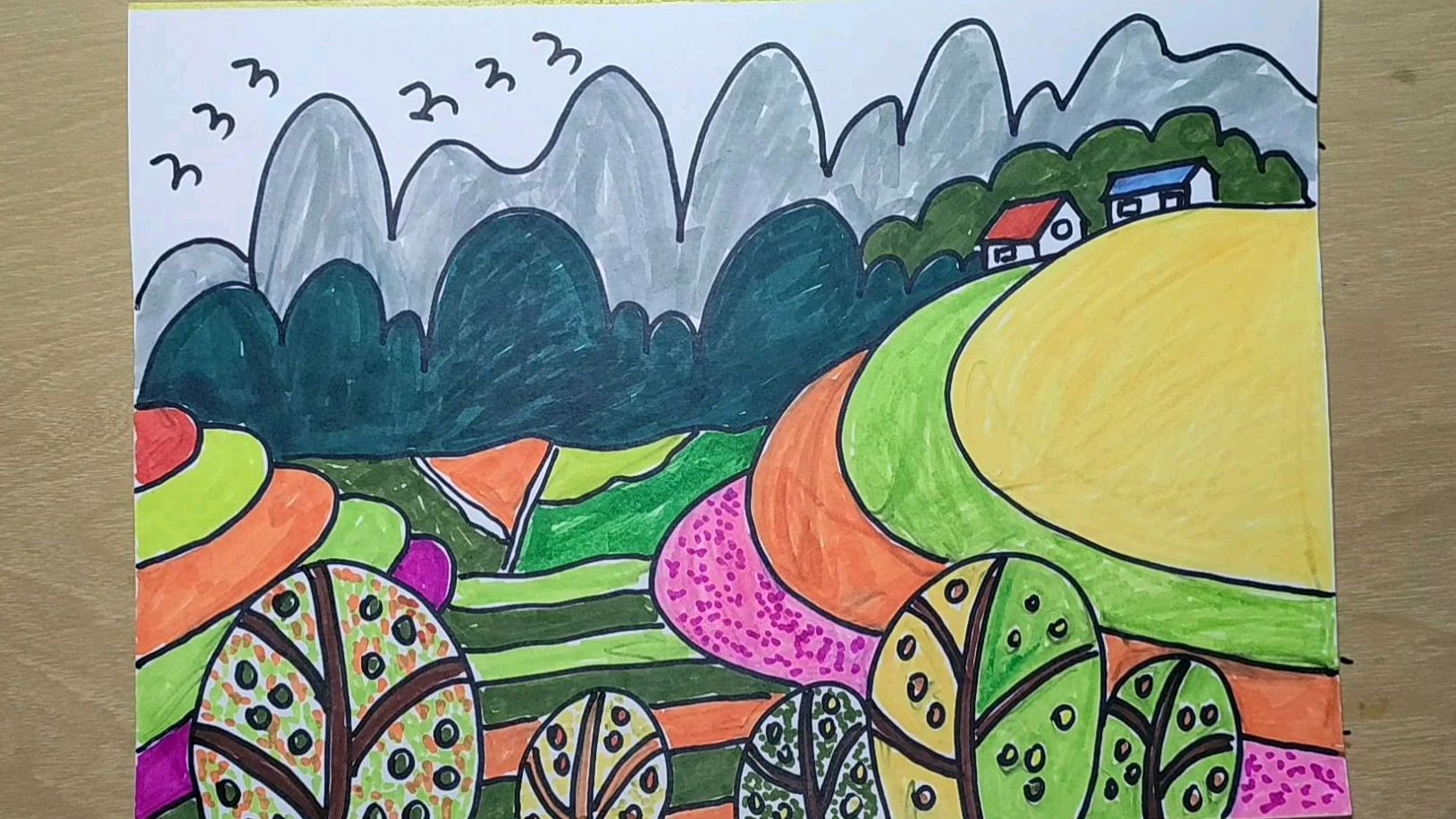 美丽的梯田风景儿童画