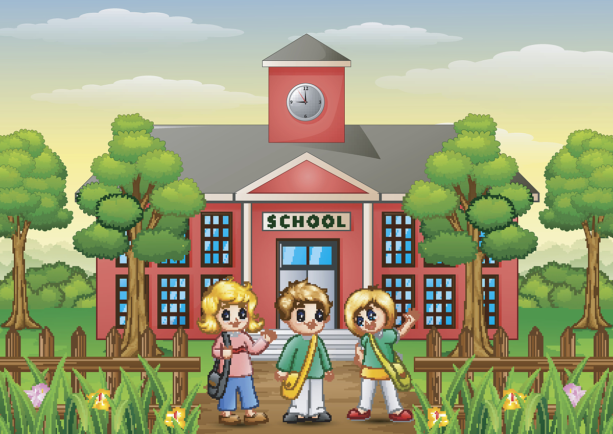 happy school children standing in front of school building