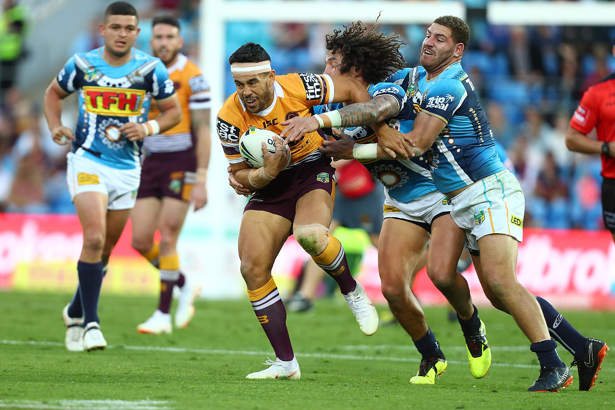 gold coast, australia - july 08:  jordan kahu of the broncos is 