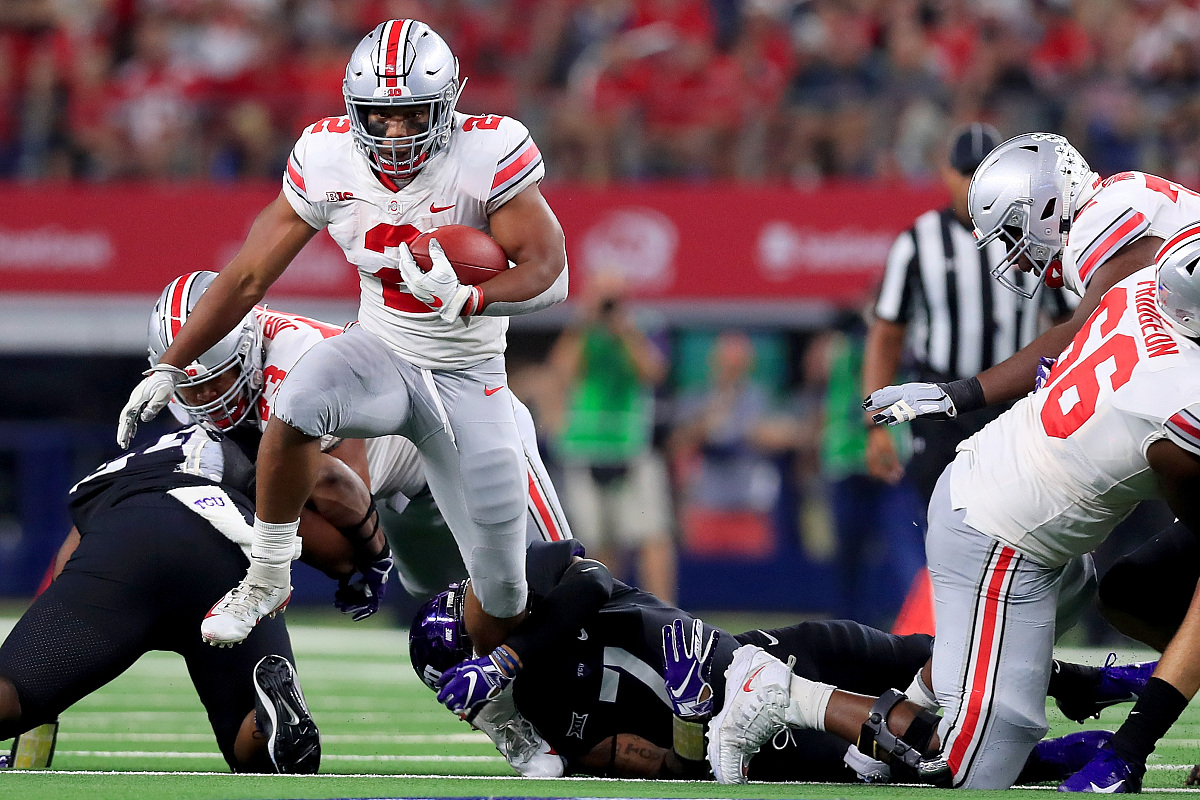 arlington, tx - september 15:  j.k. dobbins #2 of the ohio state