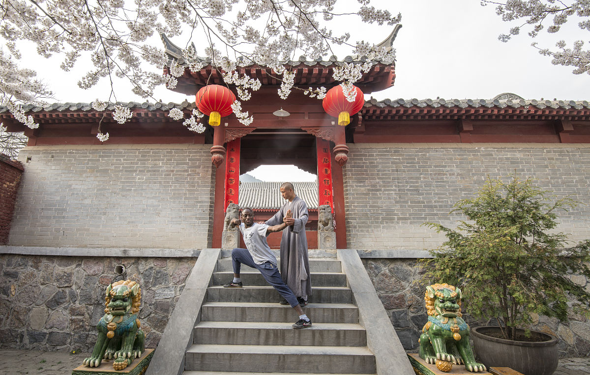 2019年3月28日下午,河南登封嵩山少林寺院内,几株樱花相继开放,煞是好