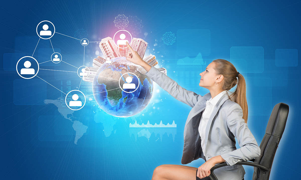 businesswoman pressing touch screen button on virtual interface