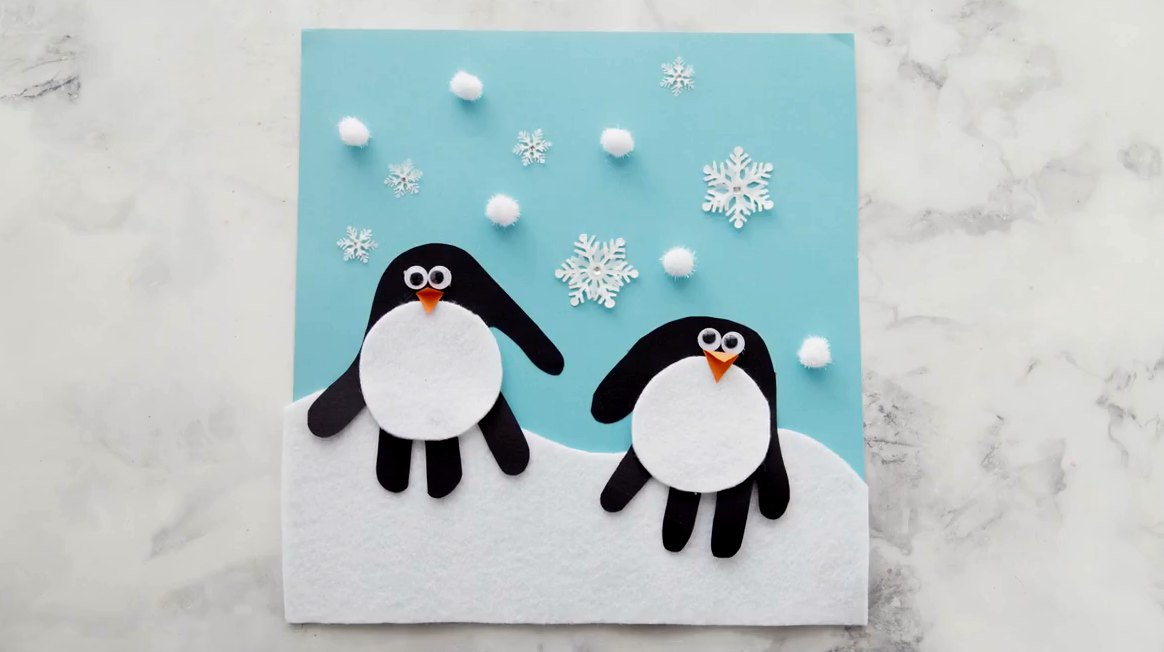 冬日简易手工,diy手工贴画冬雪风景中可爱萌萌的小企鹅