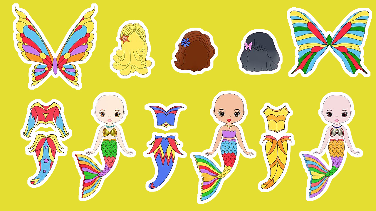 纸娃娃趣味手绘剪纸,把三位美人鱼公主装扮成仙女