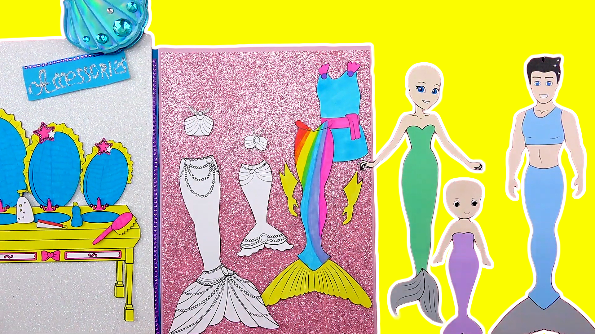 趣味手工剪纸贴纸,DIY纸娃娃彩虹鱼尾裙