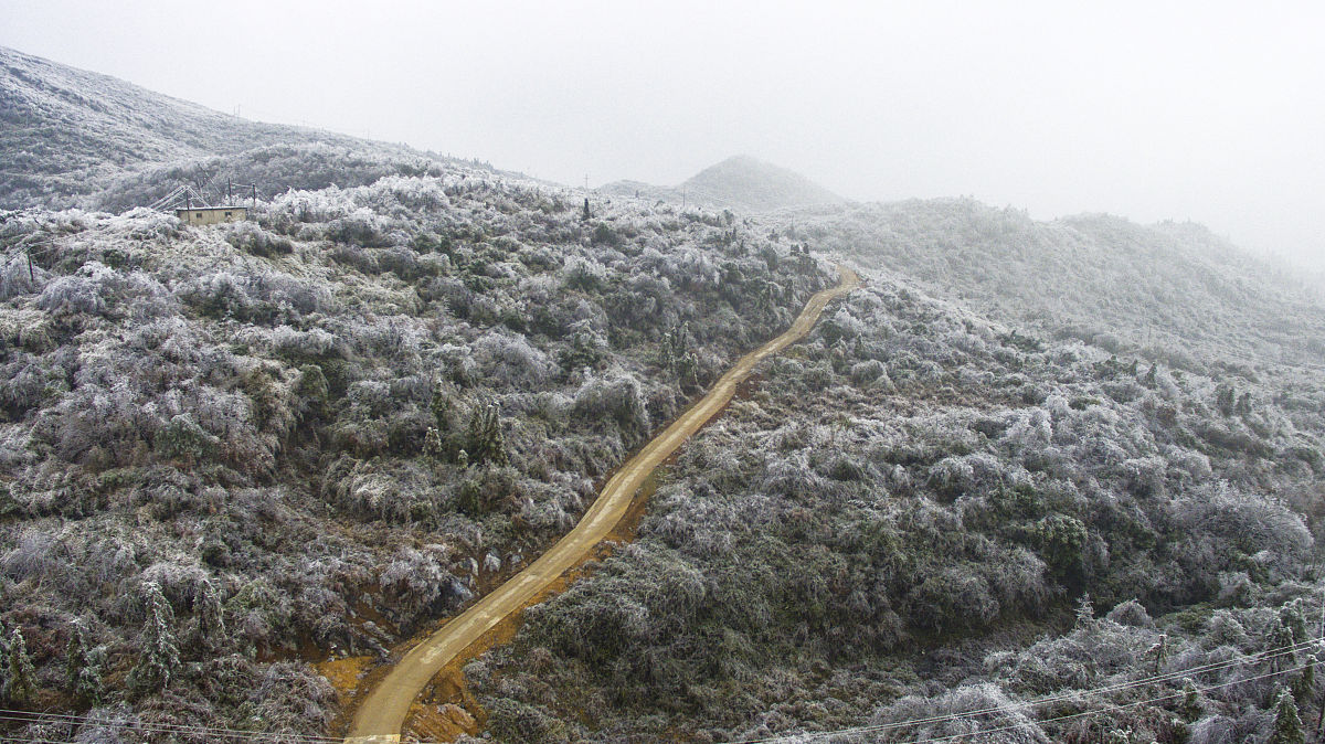 2018年12月13日,广西桂林市全州县东山瑶族乡高山地域雾凇如霜.
