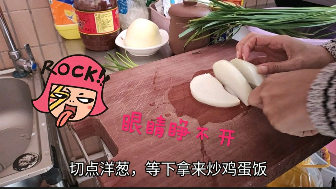 打工生活,宝妈一人在家,把昨天的剩饭和洋葱鸡蛋一起炒,真香