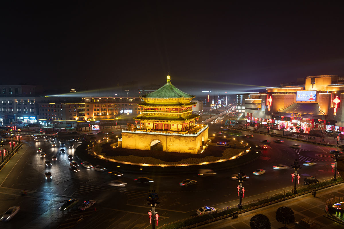 2020年1月22日,西安,航拍钟鼓楼夜景.