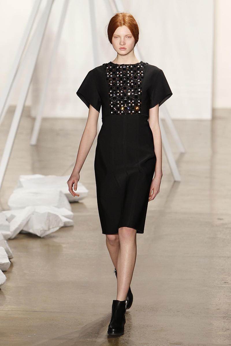 new york, ny - february 08:  a model walks the runway at the sun