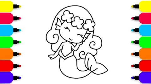 海底生物美人鱼的涂色画 儿童艺术绘画