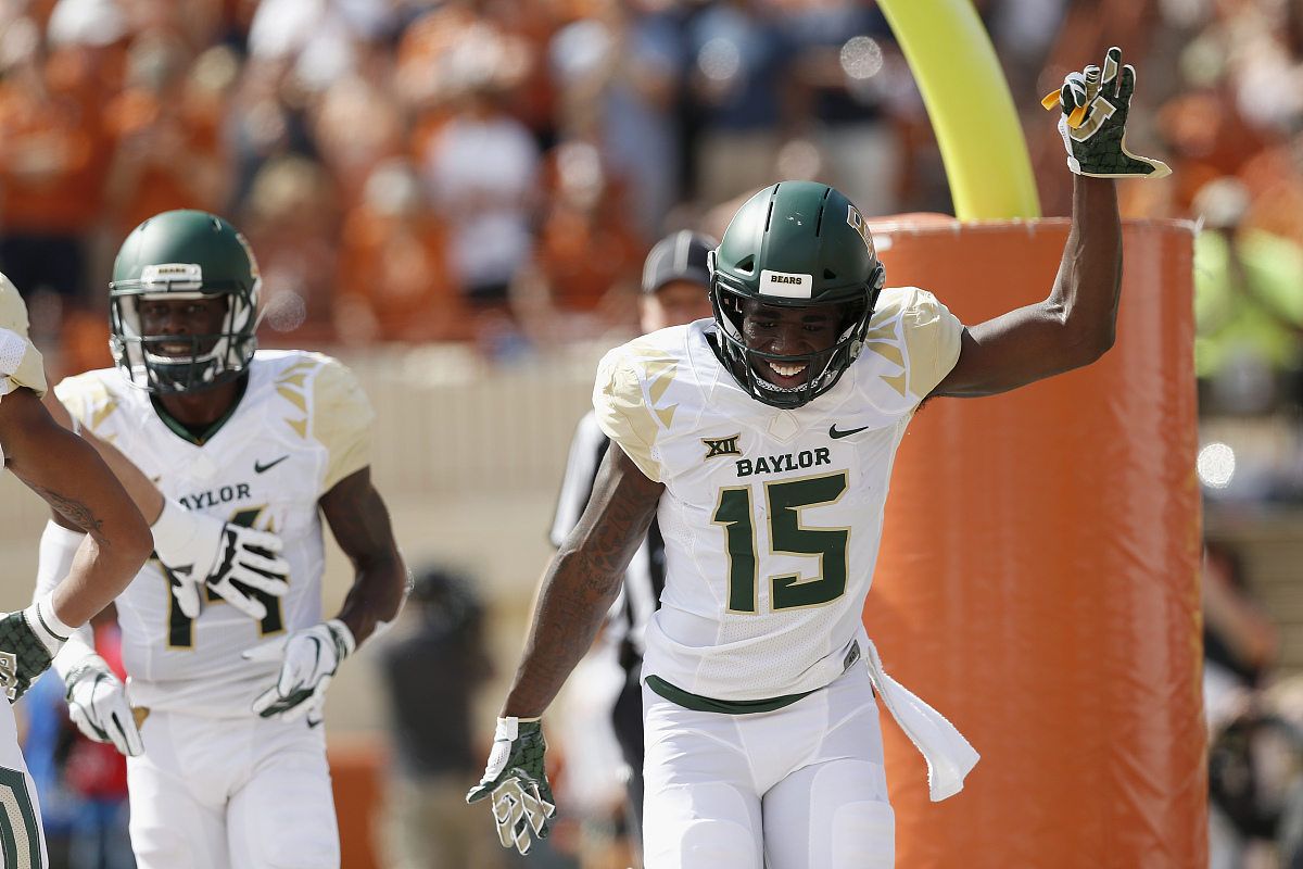 austin, tx - october 13:  denzel mims #15 of the baylor bears ce