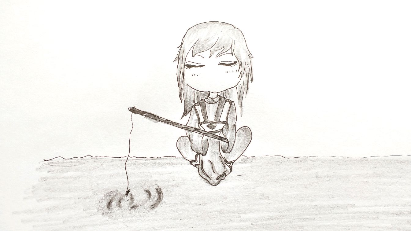 简笔画,坐在岸边钓鱼的乖乖女孩