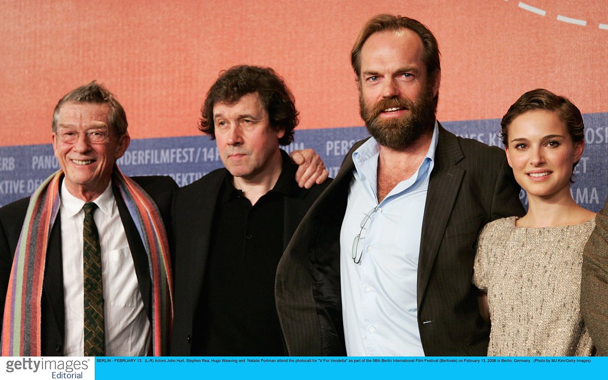 berlin - february 13:  (l-r) actors john hurt, stephen rea, hugo