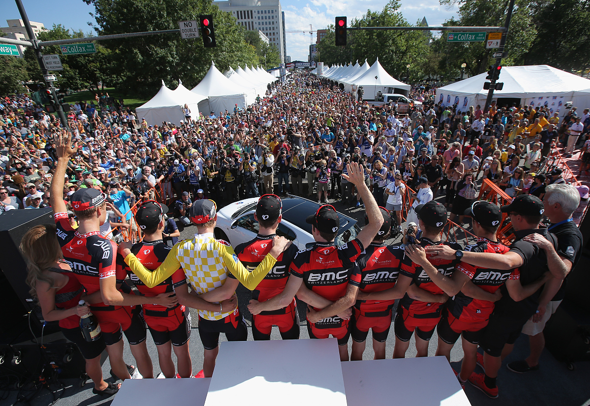 denver, co - august 24:  team bmc racing celebrates on the podiu