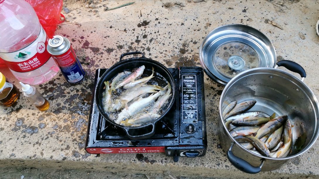 乡间小溪爆钓一盆野生溪水鱼,就地起锅烧油开吃,原生态味道真香