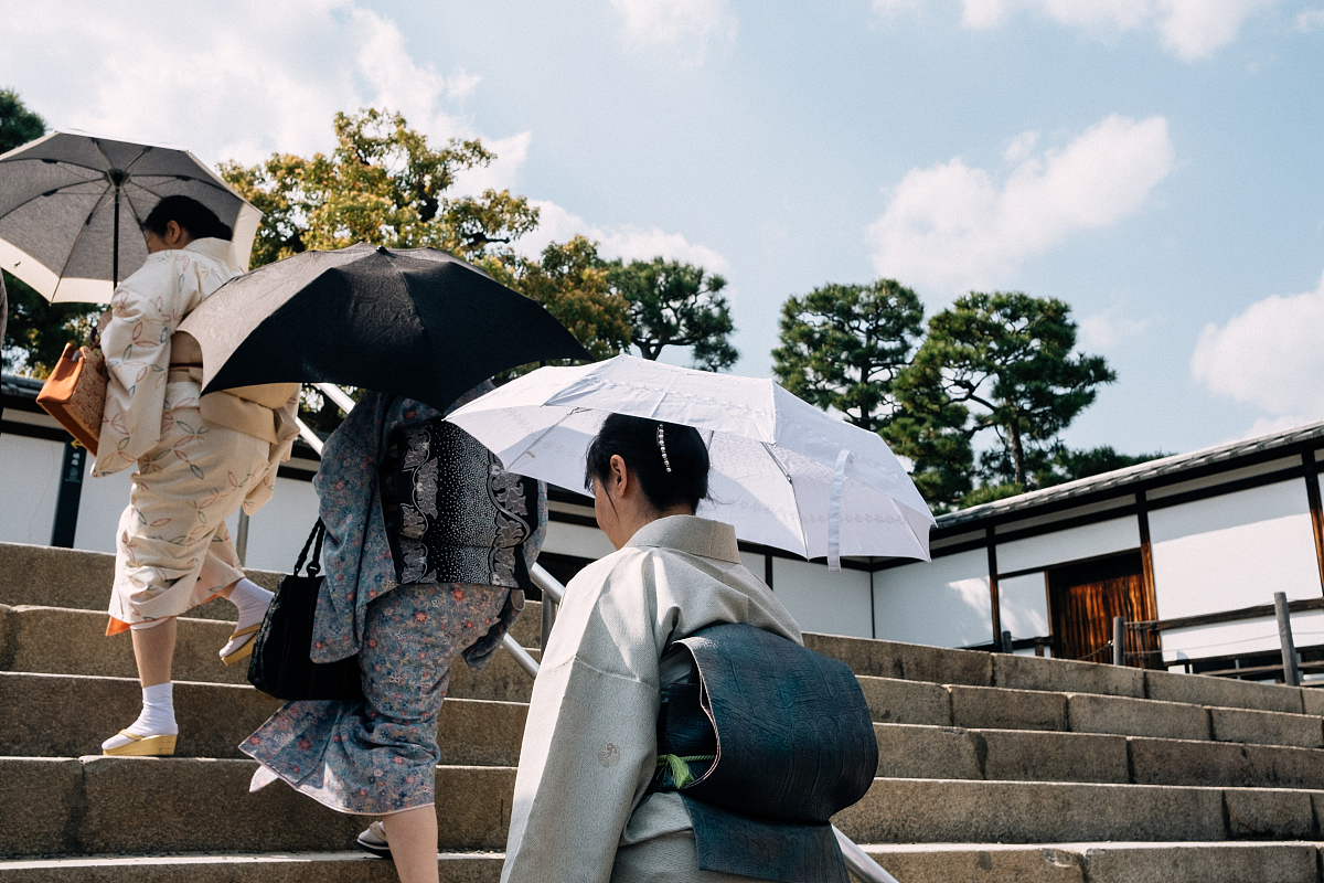 ***_***2018年4月,日本京都,二条城,三个穿和服的女人,打着伞上楼梯.