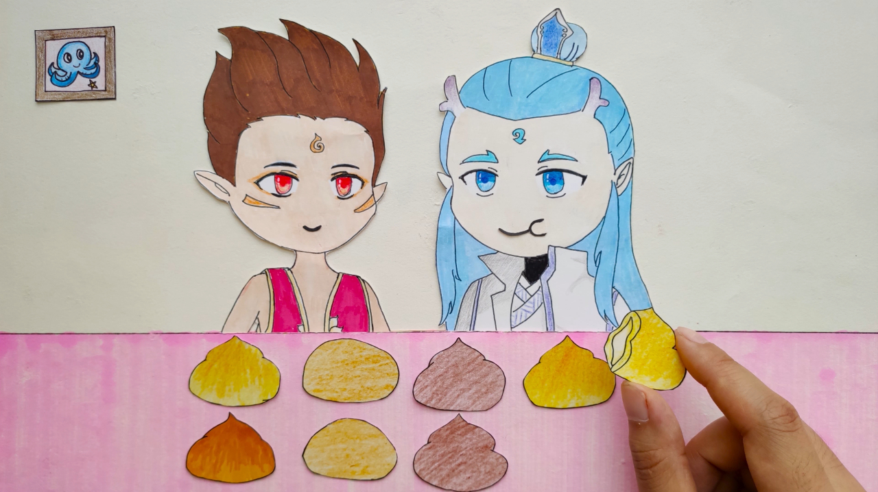 手绘定格动画:哪吒敖丙吃泡芙,好朋友要互相分享哦