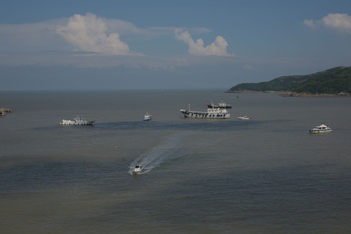 2019年8月7日,浙江台州,大批渔船从外海返回金清大港准备躲避台风.