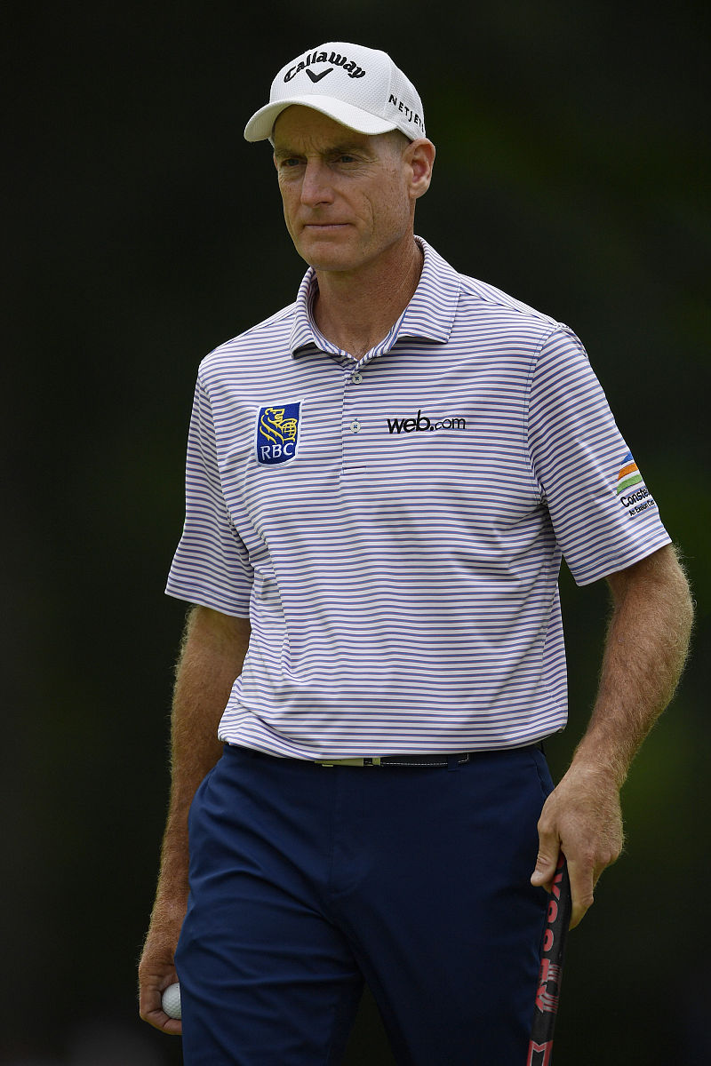 medinah, il - august 17: jim furyk reacts to his putt on the 14t