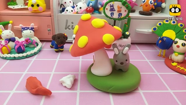 幼儿益智手工蘑菇伞下的小兔子彩泥课堂