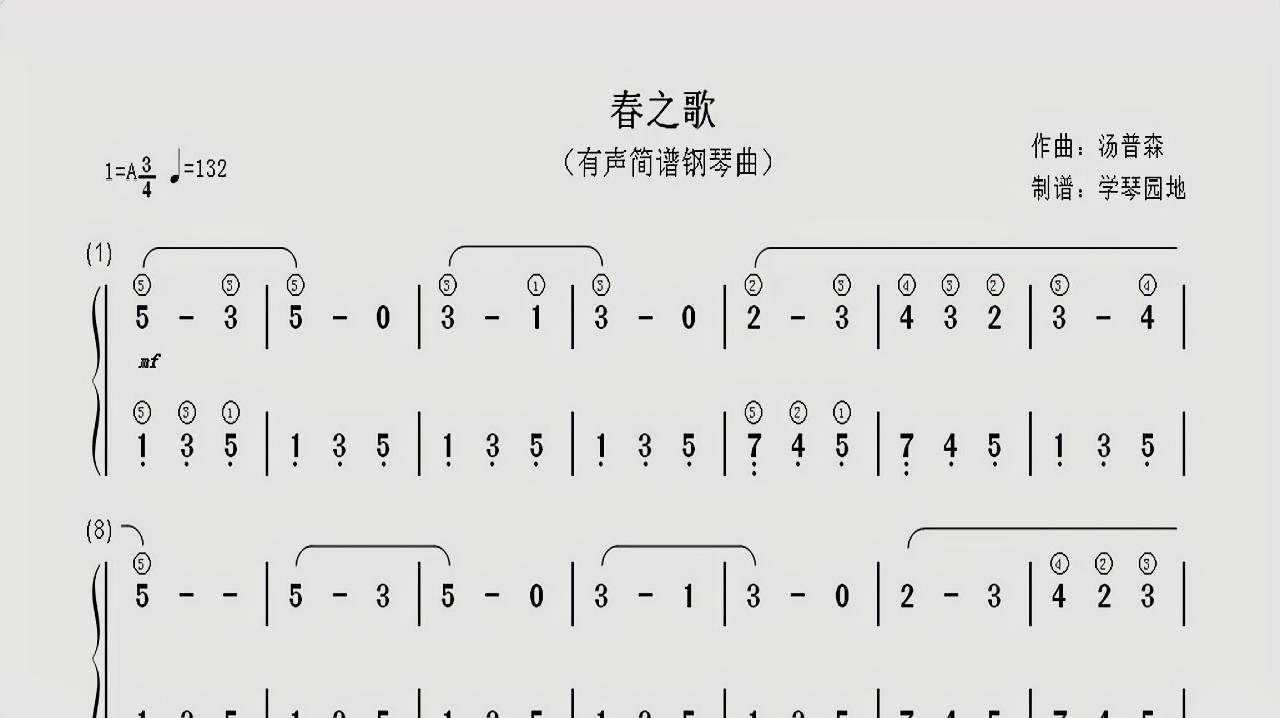 [图]有声简谱钢琴曲《春之歌》,详细指法超简单,初学者跟弹轻松学