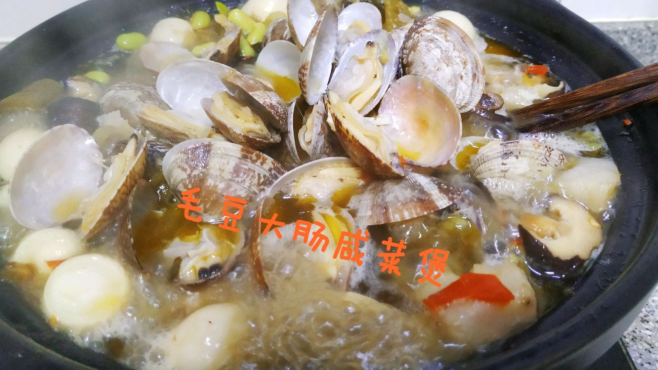 毛豆大肠咸菜,酸辣清甜,开胃可口,肥肉换成大骨可当火锅锅底